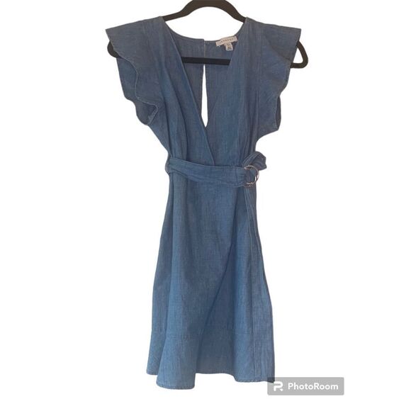 TopShop Women's Blue Logh Wash Chambray V-Neck Short-Sleeve A-Line Dress Size 2 - Picture 3 of 5